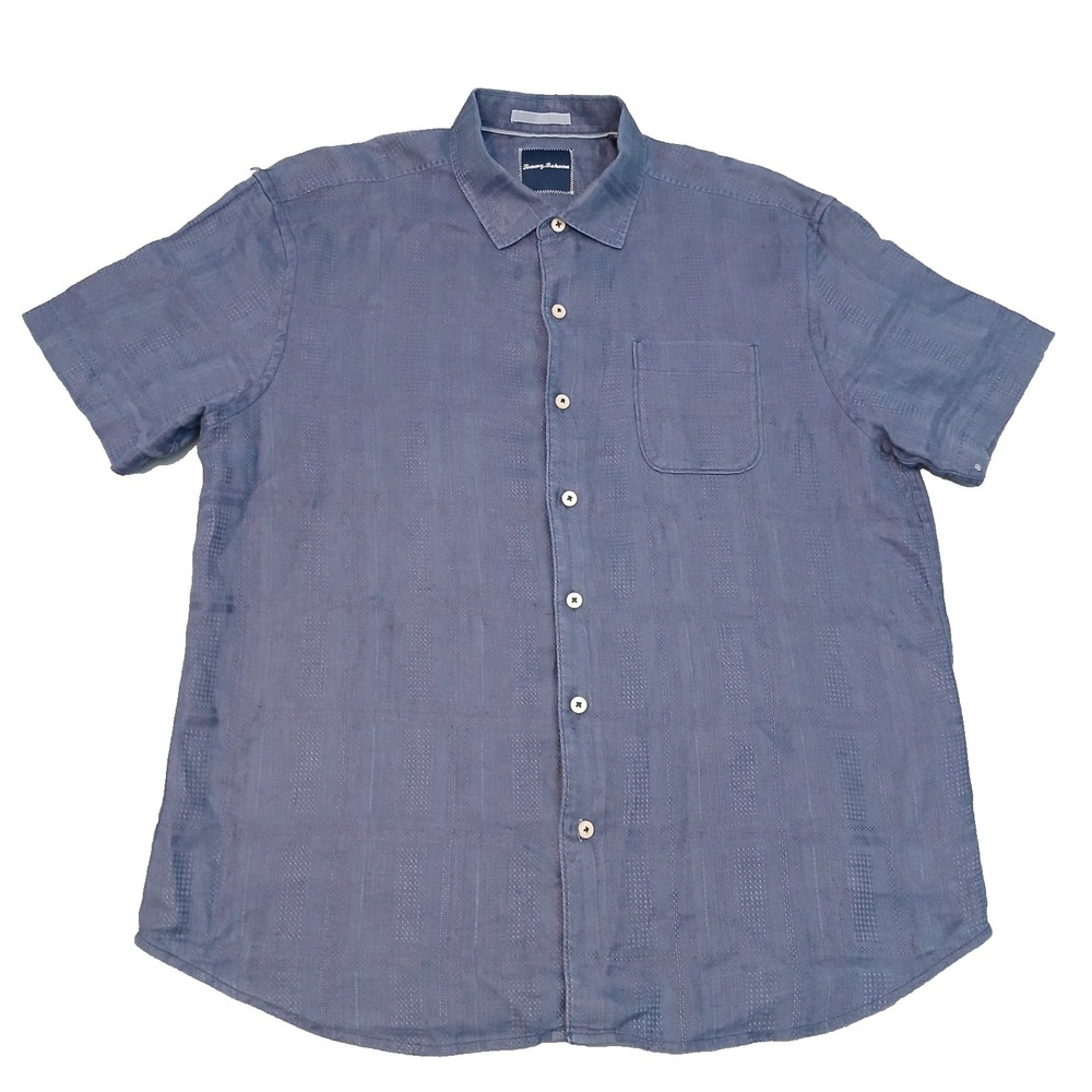Tommy Bahama Shirt Mens XL Navy Blue 100% Linen Diamond Jacquard Short Sleeve